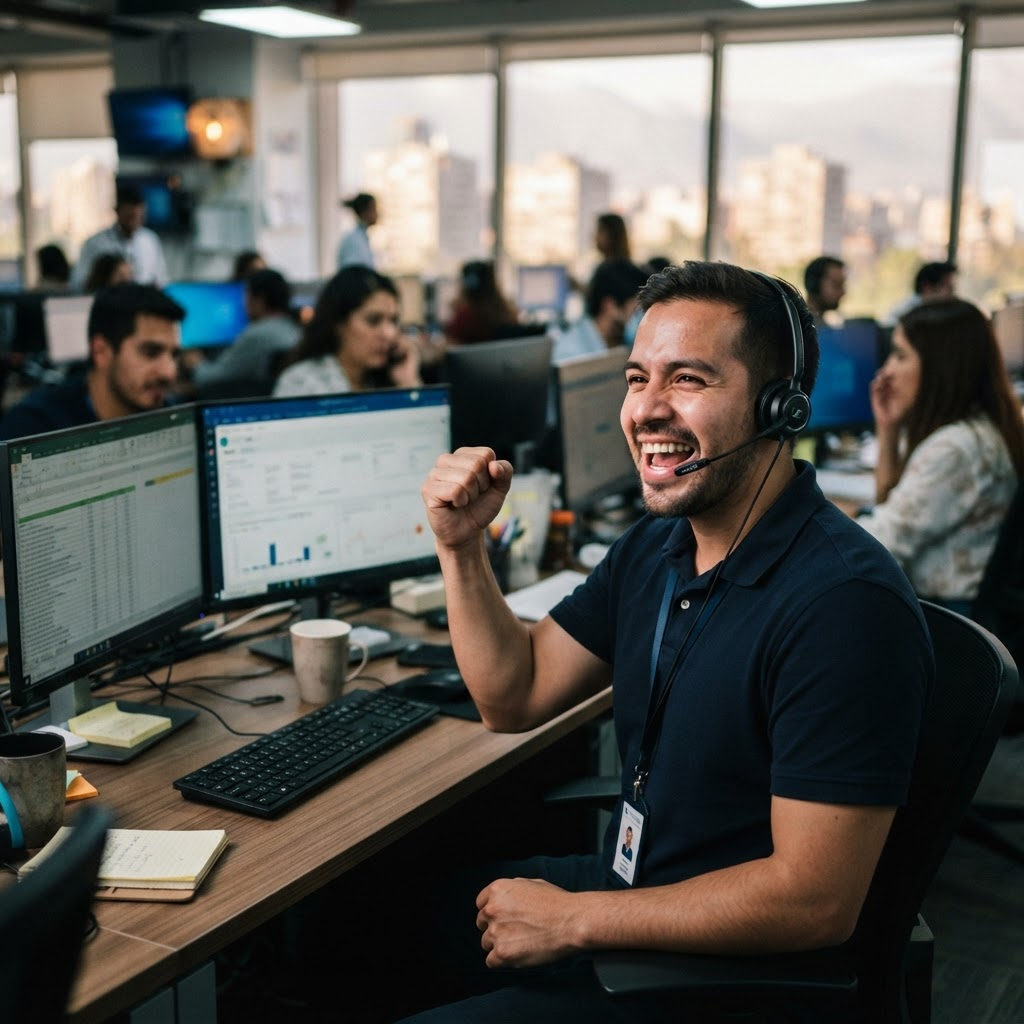 Ejecutivo de televentas con audífonos celebrando el cierre de una venta en un contact center